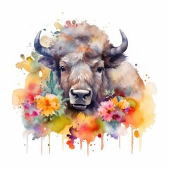 Adorable Baby Buffalo in a Colorful Flower Field - Watercolor Painting - Ideal for Nursery Decor and Greeting Cards - Generative AI