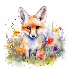 Watercolor Painting of a Cute Baby Fox in a Colorful Flower Field - Animal Art, Nature Art - Ideal for Greeting Cards and Art Prints - Generative AI