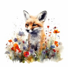 Watercolor Painting of a Cute Baby Fox in a Colorful Flower Field - Animal Art, Nature Art - Ideal for Art Prints and Greeting Cards - Generative AI