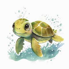 Adorable Watercolor Cartoon Turtle Swimming in a Kids' Show Style - Children's Illustration - Generative AI