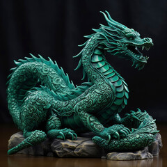 Obraz premium Carved green wooden dragon isolated on black background. Symbol of 2024. Chinese New Year. Detailed dragon figurine or statuette. High resolution. Generative AI, human enhanced