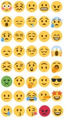 Flat yellow emoji collection. Happy smile, sad crying face and angry facial expressions. Emoticons vector icons set

