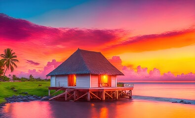 Fototapeta premium Illustration of a typical landscape of Bali, with a lake, and houses created by ai.