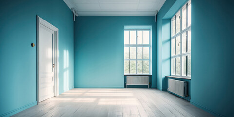 Obraz premium Serene and Modern: An Empty Room with a Vibrant Blue Wall