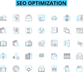 SEO optimization linear icons set. Keywords, Organic, Ranking, Traffic, Algorithm, Backlinks, SERP line vector and concept signs. Meta-tags,Analytics,Mobile-friendly outline Generative AI