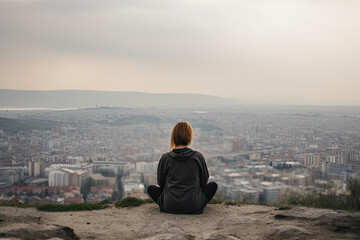 Fototapeta na wymiar person meditating on the mountain overlooking a city - made with generative ai