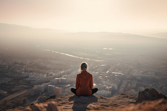 person meditating on the mountain overlooking a city - made with generative ai