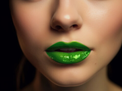 Glamorous fashion makeup with bright green lip gloss with gloss. Macro of the female part of the face. glossy lip makeup, gorgeous lady. Generative Ai