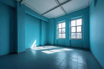 Obraz premium Tranquility in Blue: A Minimalist Room with a Vibrant Backdrop