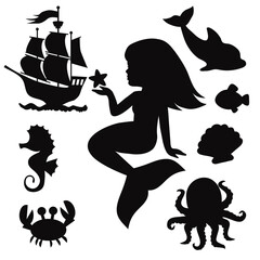 Cute sitting mermaid set vector cartoon illustration