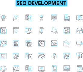 seo development linear icons set. Optimization, Ranking, Analysis, Strategy, Content, Keywords, On-page line vector and concept signs. Off-page,Backlinks,Traffic outline illustrations Generative AI