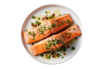 Baked Salmon With Garlicnd Herbs On White Plate On Isolated Transparent Background, Png. Generative AI