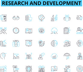 Research and Development linear icons set. Innovation, Experiment, Breakthrough, Exploration, Genius, Insight, Discovery line vector and concept signs. Advancement,Enhancement,Progress Generative AI