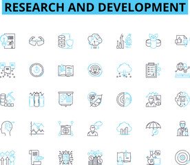 Research and Development linear icons set. Innovation, Experiment, Breakthrough, Exploration, Genius, Insight, Discovery line vector and concept signs. Advancement,Enhancement,Progress Generative AI