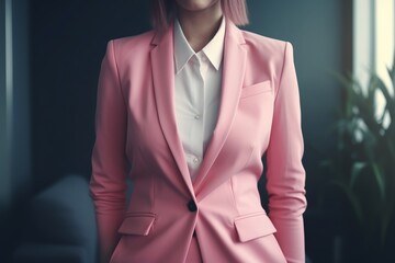 Businesswoman in a pink suite in the office.