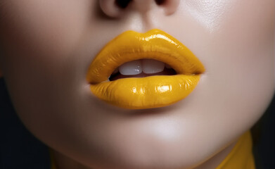 Glamorous fashion makeup with bright yellow lip gloss with gloss. Macro of the female part of the face. glossy lip makeup, gorgeous lady. Generative Ai - obrazy, fototapety, plakaty