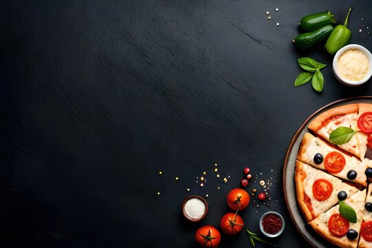 pizza with tomatoes and olives on dark stone table background, copy space, generative ai