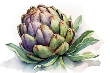 Beautiful Watercolor Drawing Artichoke On A White Background, Minimalist Style. Generative AI