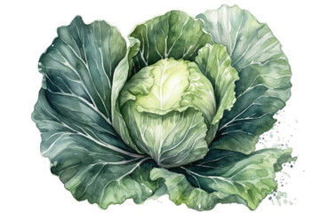 Beautiful Watercolor Drawing Cabbage On A White Background, Minimalist Style. Generative AI