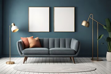 blank frame mockup on grey wall in modern living room with grey sofa, generative ai
