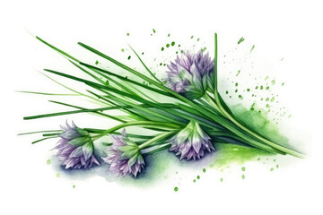 Beautiful Watercolor Drawing Chives On A White Background, Minimalist Style. Generative AI