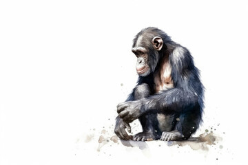 Beautiful Watercolor Drawing Chimpanzee On A White Background, Minimalist Style. Generative AI