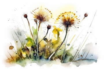 Beautiful Watercolor Drawing Dandelion Greens On A White Background, Minimalist Style. Generative AI