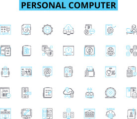 Personal computer linear icons set. Desktop, Laptop, Keyboard, Mouse, Monitor, CPU, GPU line vector and concept signs. RAM,Hard drive,SSD outline illustrations Generative AI