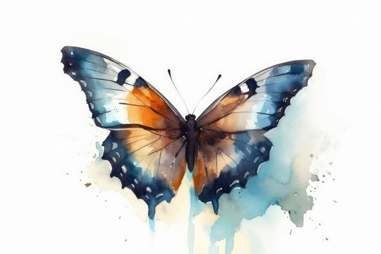 Beautiful Watercolor Drawing Butterfly On A White Background, Minimalist Style. Generative AI