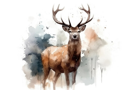Beautiful Watercolor Drawing Deer On A White Background, Minimalist Style. Generative AI