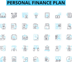 Personal finance plan linear icons set. Budgeting, Savings, Investment, Debt, Retirement, Assets, Income line vector and concept signs. Expenses,Accounting,Planning outline illustrations Generative AI