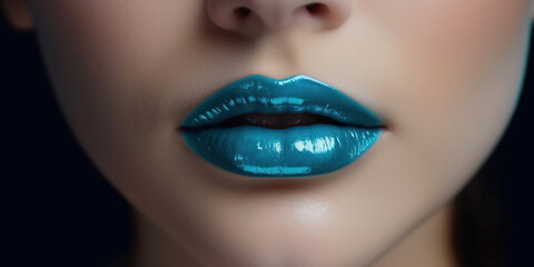 Fototapeta premium Glamorous fashion makeup with bright blue lip gloss with gloss. Macro of the female part of the face. glossy lip makeup, gorgeous lady. 8k. Generative Ai