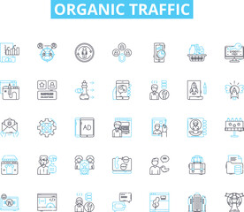 Organic traffic linear icons set. Ranking, SERP, Optimization, Clicks, Keywords, Traffic, Content line vector and concept signs. Analytics,Conversions,Backlinks outline illustrations Generative AI