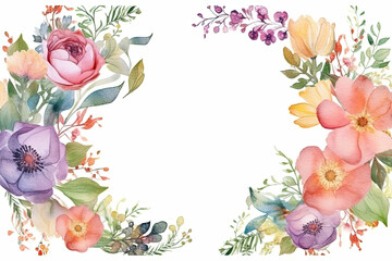 Festive floral composition, top view. Circle frame made of flowers on white background, flat lay style. Wallpaper banner with copy space. Created with Generative AI