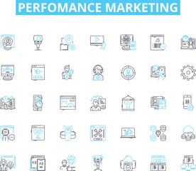 Perfomance marketing linear icons set. Conversion, Clickthrough, ROI, Impressions, Engagement, Analytics, Affiliates line vector and concept signs. Targeting,Campaigns,Commision outline Generative AI