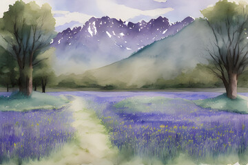 A field of bluebells with distant mountains - Water Colour Painting. Generative AI