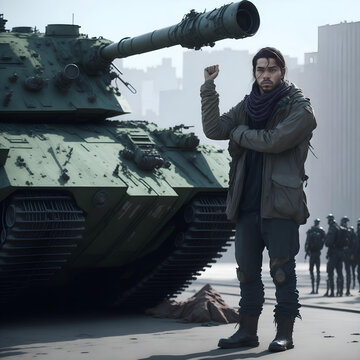 close up shot of A lone activist standing in front of a tank, refusing to move. facing tank. Ai..
