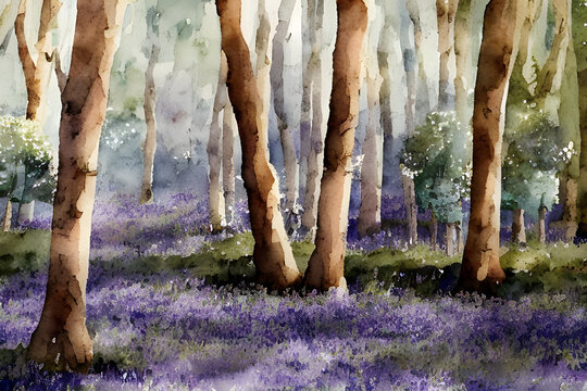 Bluebell Wood - Water Colour Painting. Generative AI