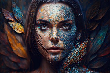 Pointillism beautiful woman by Karol Bakowl photography. Generative AI AIG15. - obrazy, fototapety, plakaty