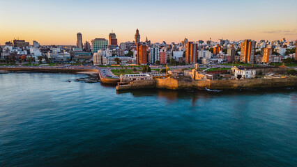aerial cityscape of Montevideo at sunset 