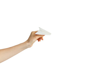 hand holding a paper plane. travel and flight composition.