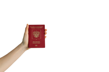 international Russian passport in hand on a transparent background.