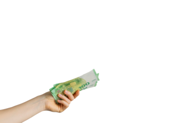 hand holding 100 euro banknote money on white background. business concept of money transfer, cash payment.