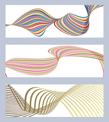 Obraz premium Wavy lines or ribbons. Set of 3 backgrounds. Multicolored striped gradient. Creative unusual background with abstract gradient wave lines to create a trendy banner, poster. vector eps