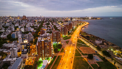 aerial above Montevideo Uruguay capital city at night 