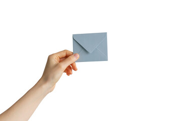 hand holding an envelope. the concept of sending a letter with a message. delivery of the letter.