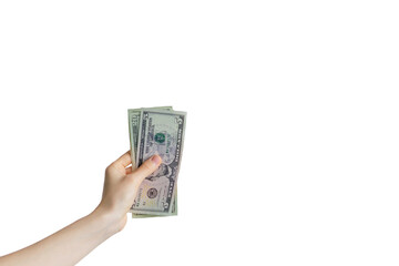 hand holds money banknotes dollars on a white background. business concept of money transfer, cash payment.