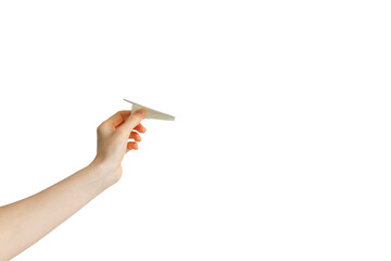 hand holding a paper plane. travel and flight composition.