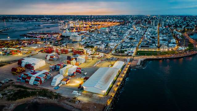 aerial of port harbour commercial cargo boat in Montevideo Uruguay