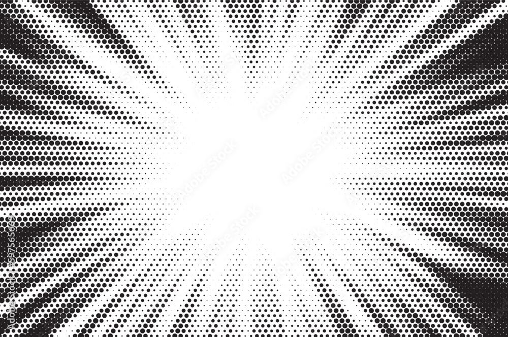 Poster halftone gradient sun rays pattern. abstract halftone vector dots background. monochrome dots patter